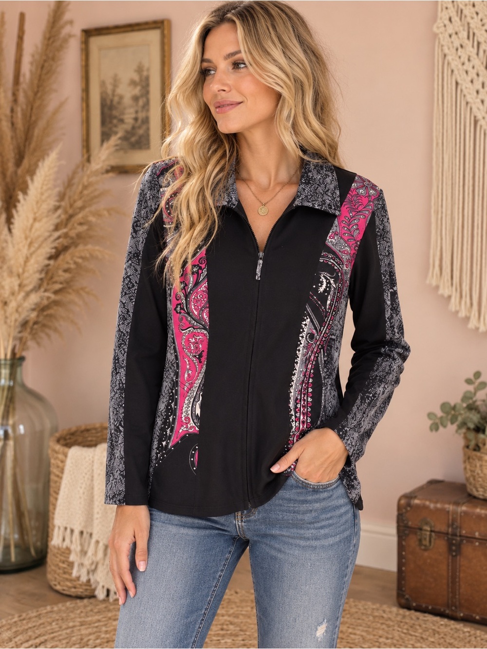 Parsley & Sage Black Jacket with Pink Paisley Panels